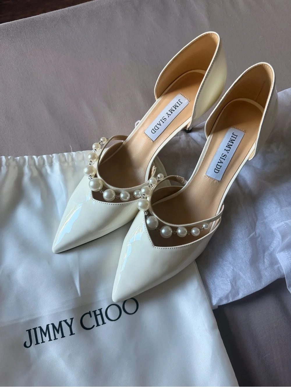 Aurelie 65 Latte Patent Leather Pointed Pumps with Pearl Embellishment
